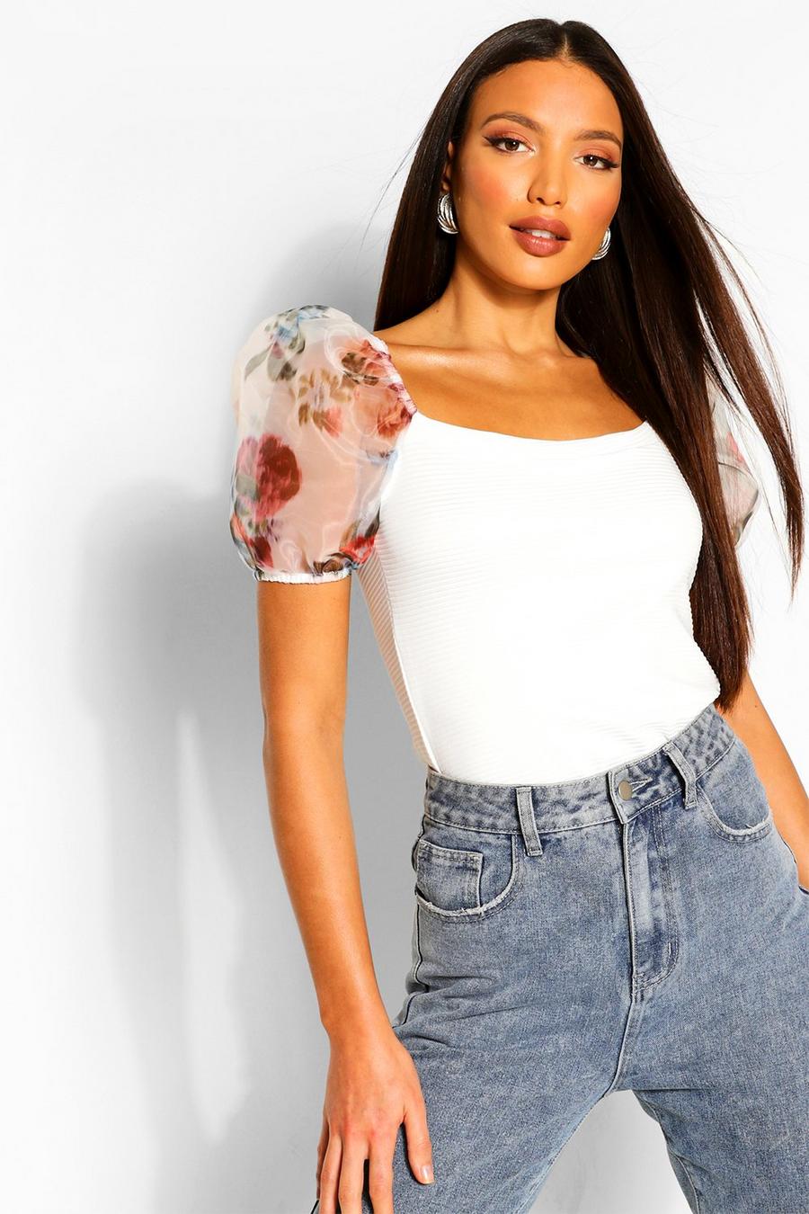 Ivory Tall Blurred Floral Sleeve Rib Top image number 1