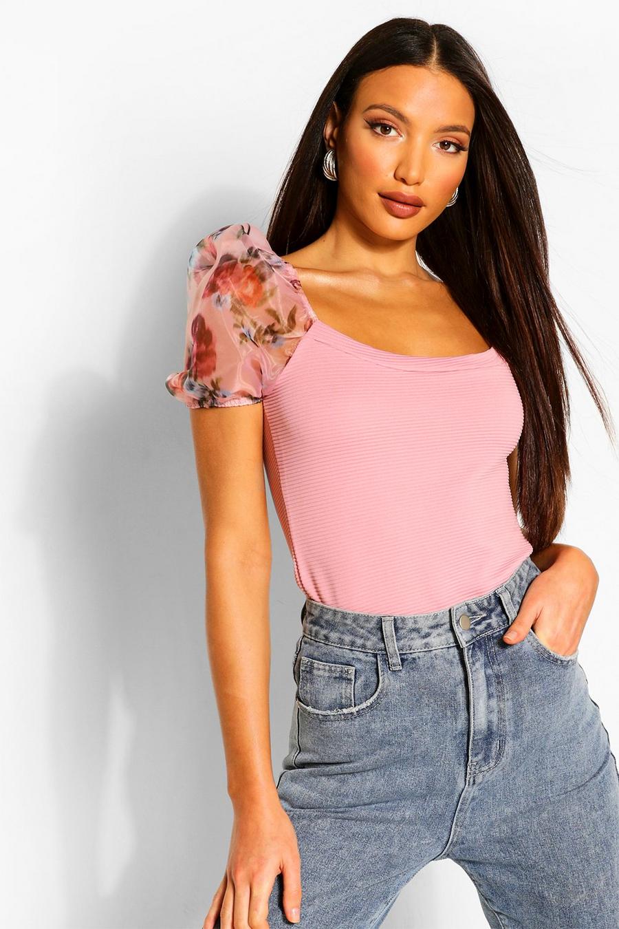 Pink Tall Blurred Floral Sleeve Rib Top image number 1