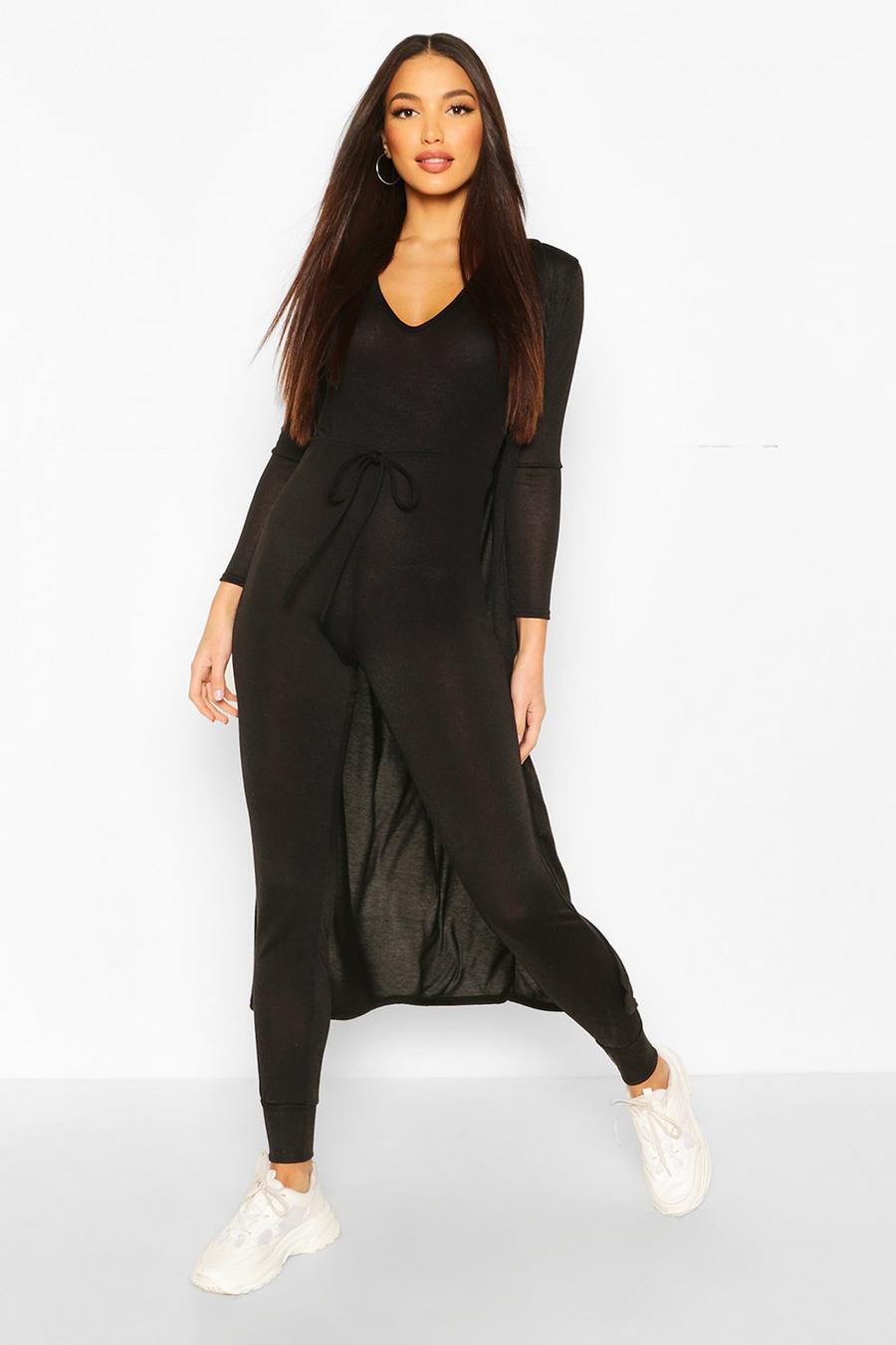 Black Tall 2 Piece Knit Jumpsuit and Cardigan Set image number 1