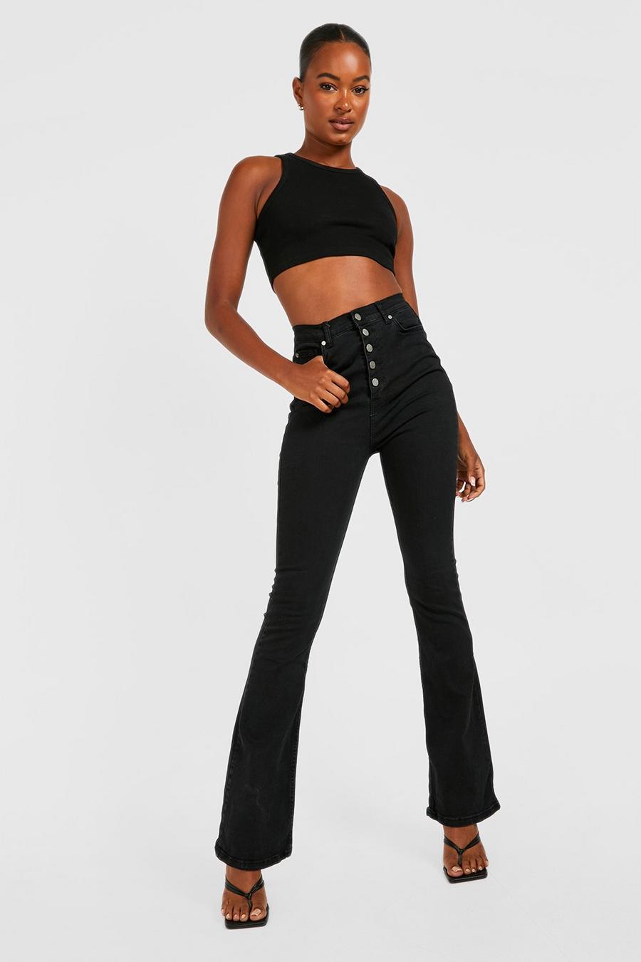 שחור ג'ינס מתרחב High Waisted עם כפתורים בחזית לנשים גבוהות image number 1