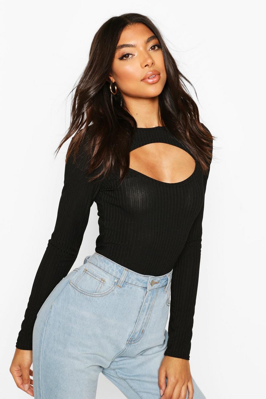 Black Tall Cut Out Detail Rib Bodysuit image number 1