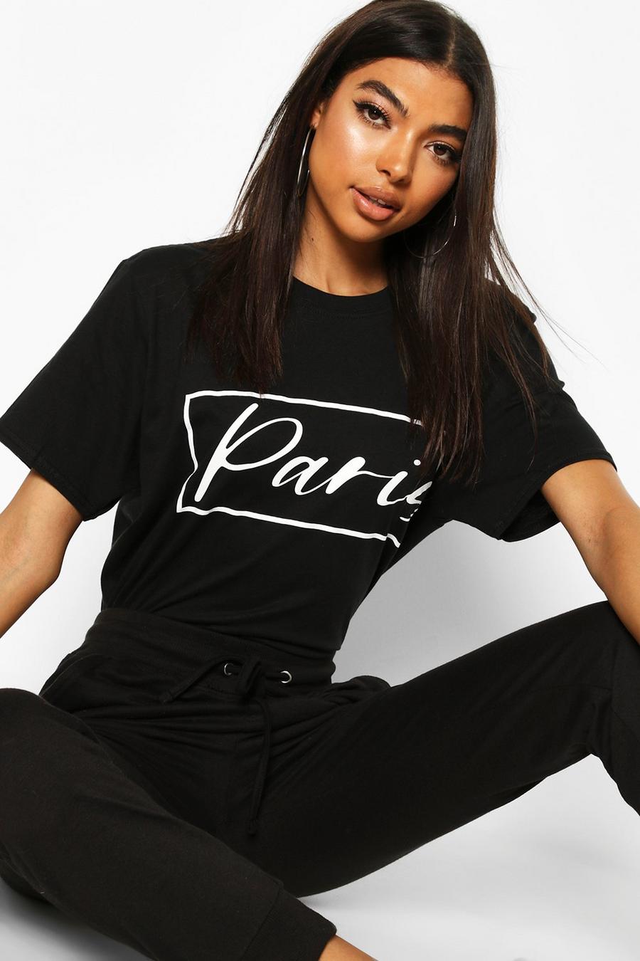 Zwart Lang t-shirt met 'Paris' slogan image number 1