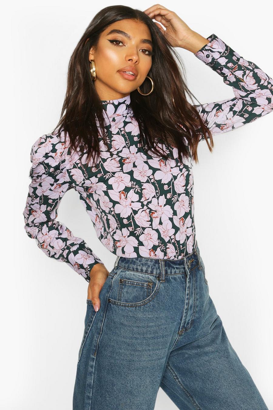 Bottle Tall Floral Print Puff Sleeve Blouse image number 1