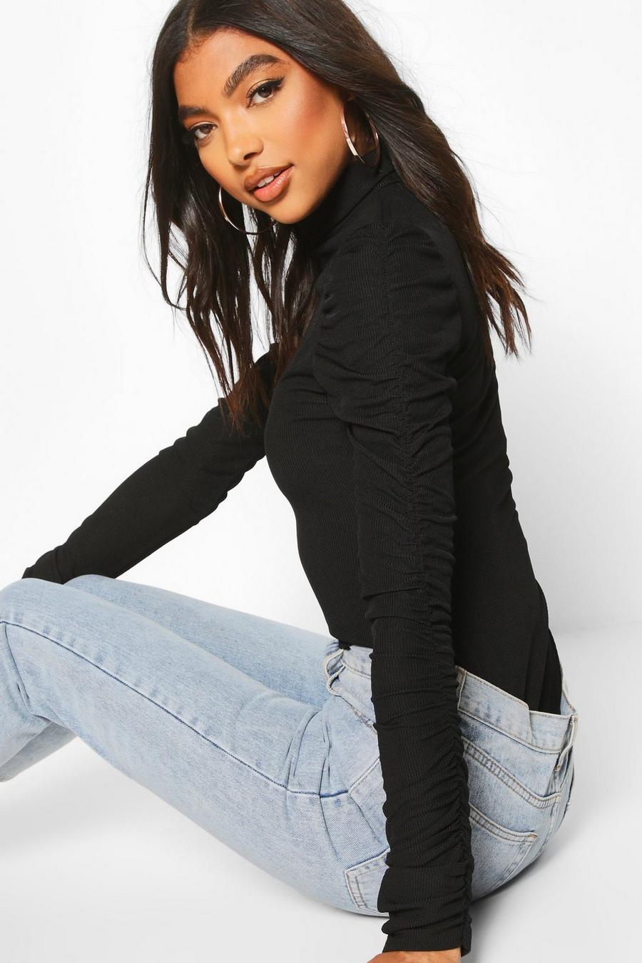 Black Tall Turtleneck Ruched Sleeve Rib Sweater image number 1