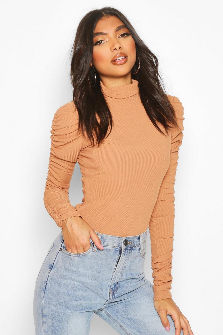 Camel Tall Roll Neck Ruched Sleeve Rib Jumper image number 1