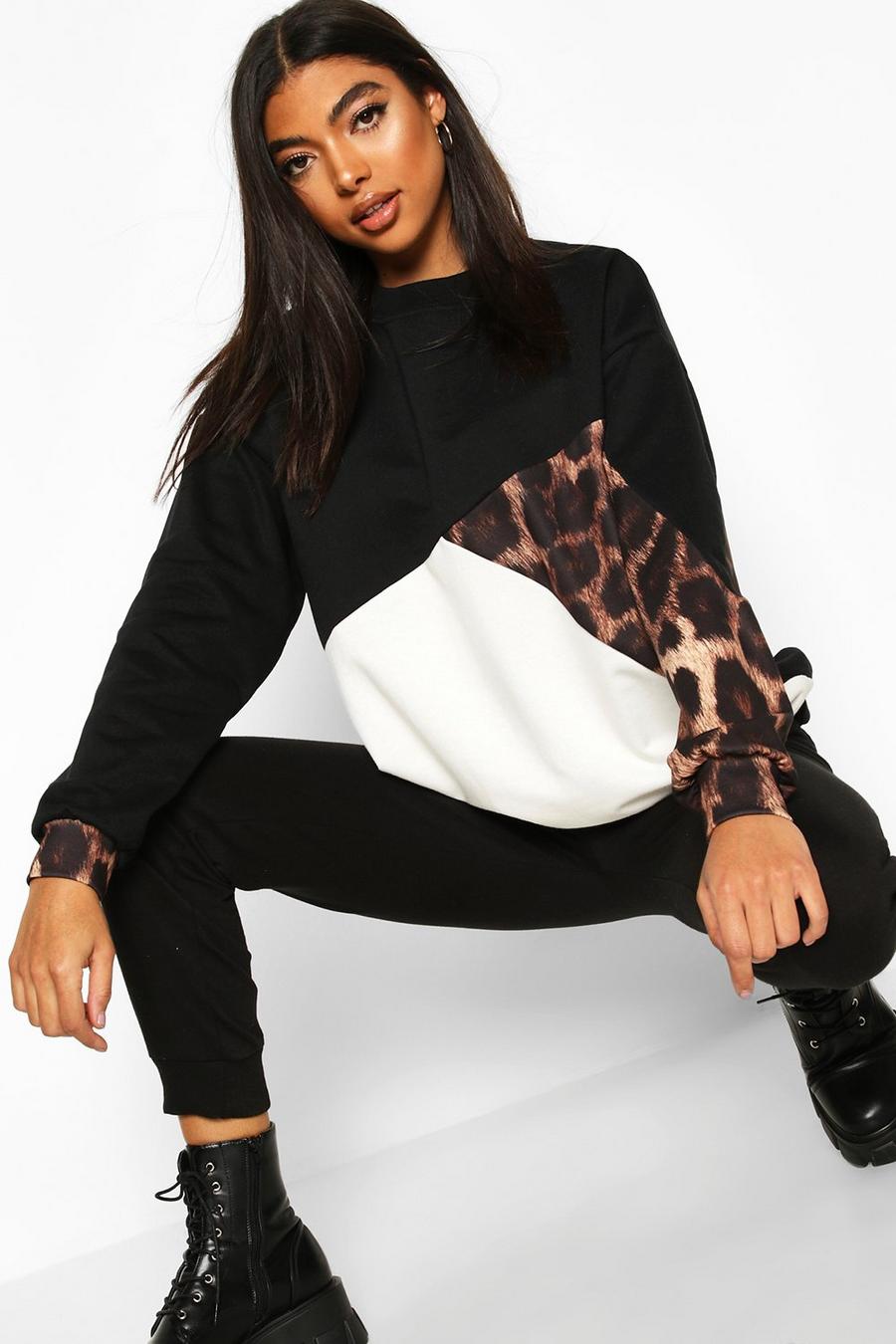 Tall Colorblock-Sweatshirt mit Leopardenmuster, Schwarz image number 1