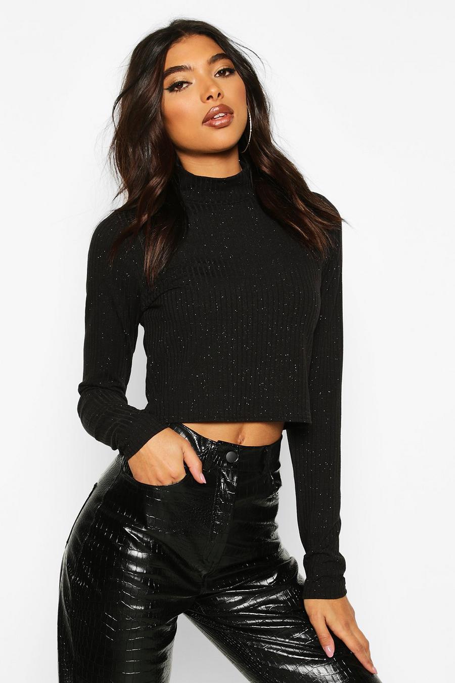 Tall High Neck Glitter Crop Top image number 1