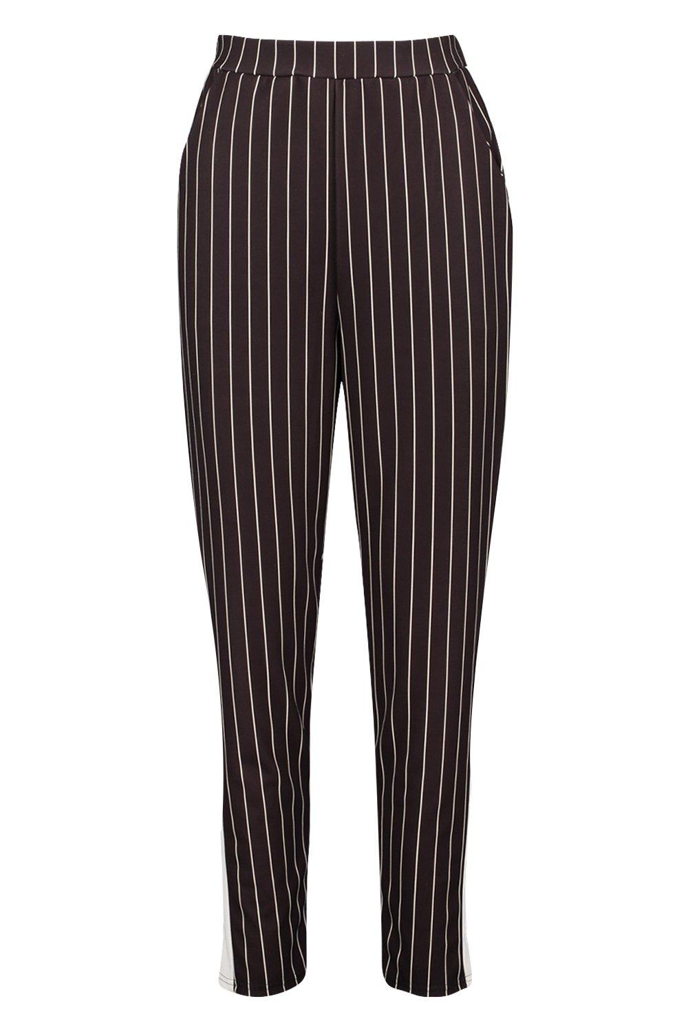 black and white pinstripe trousers