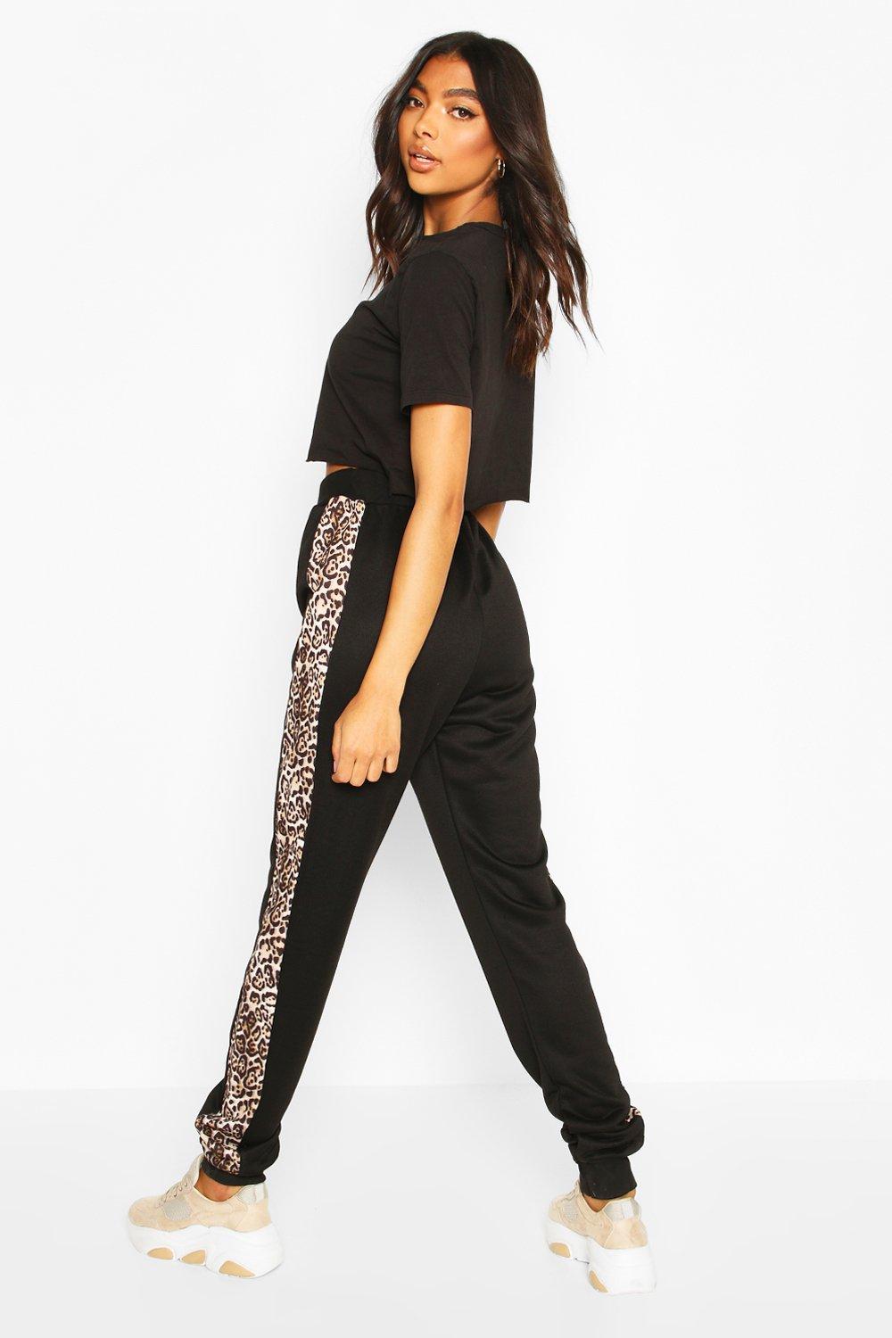 Black Leopard Print Stripe Joggers