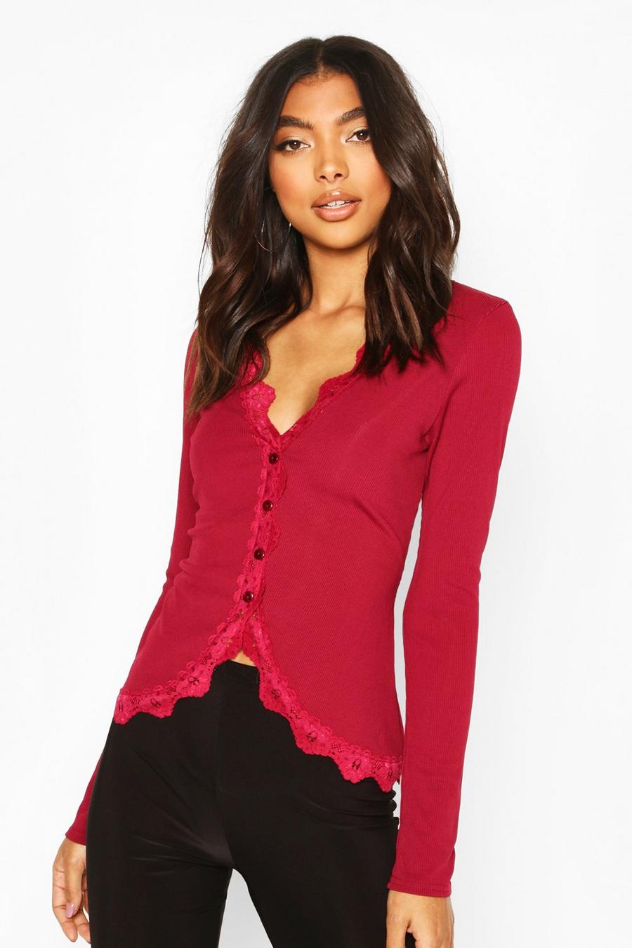 Tall Lace Trim Rib Cardigan, Berry image number 1