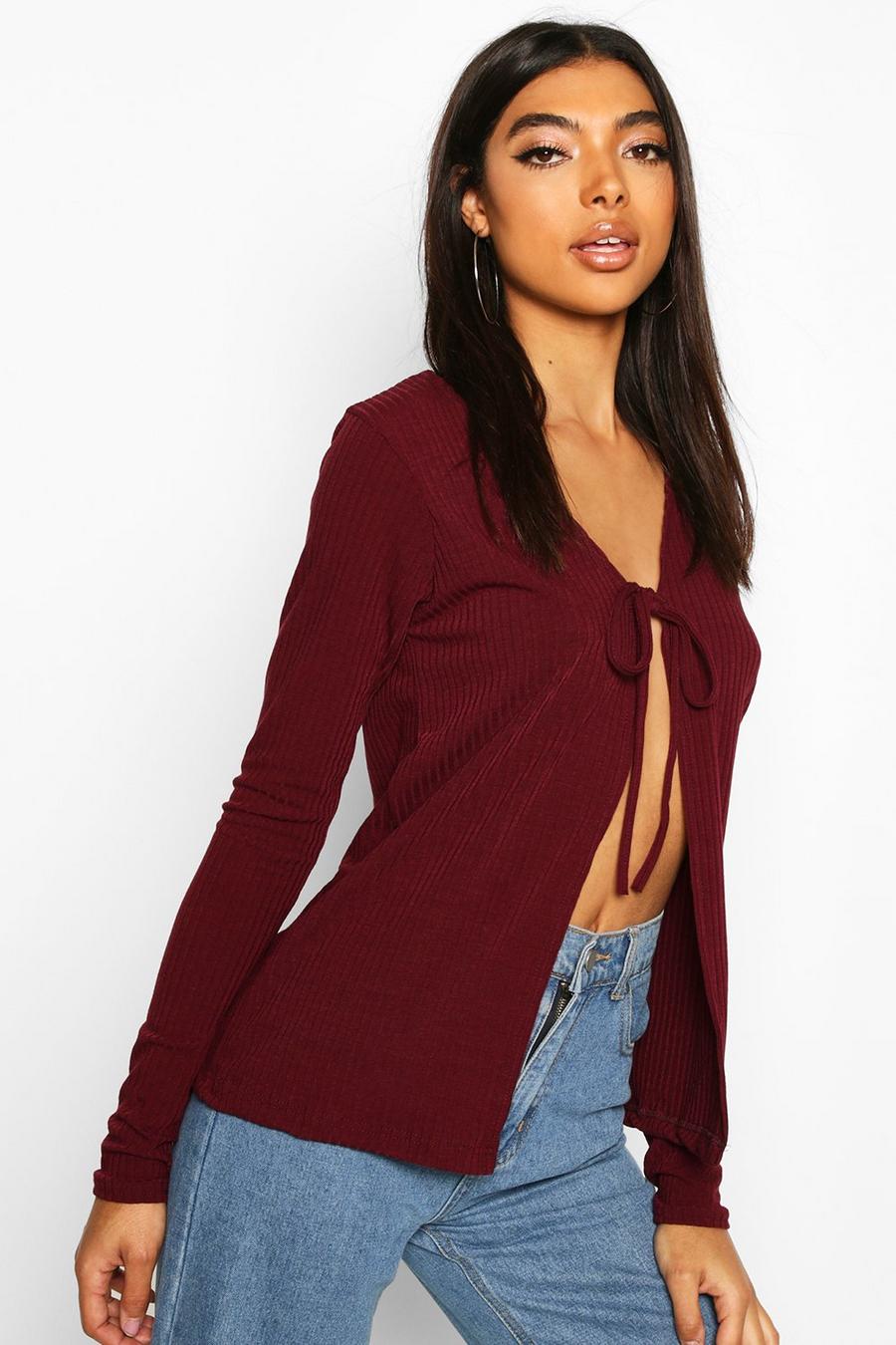 Berry Tall Soft Rib Tie Front Cardigan image number 1