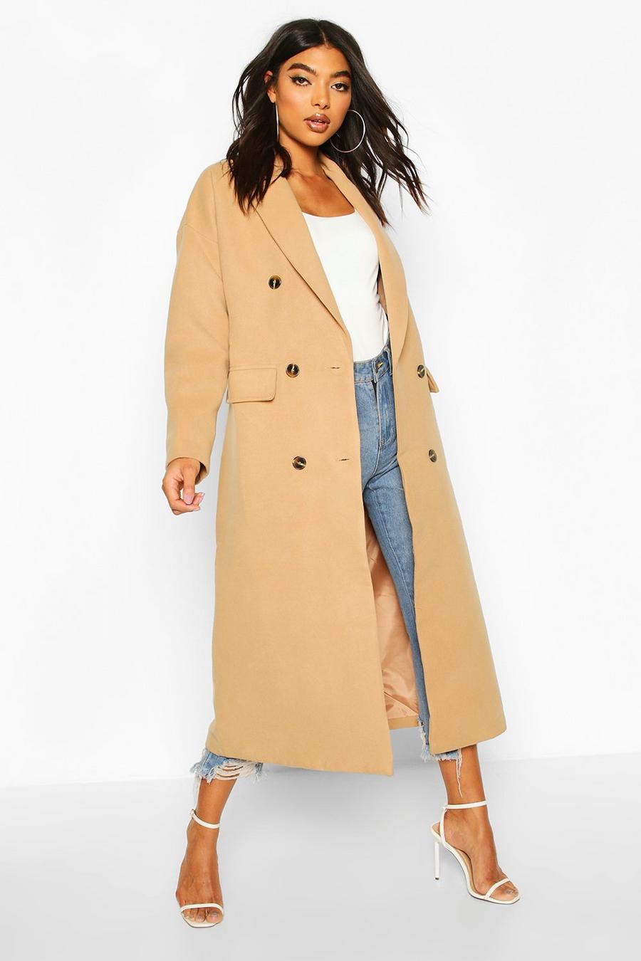 Camel beige Tall Double Breasted Longline Wool Coat image number 1