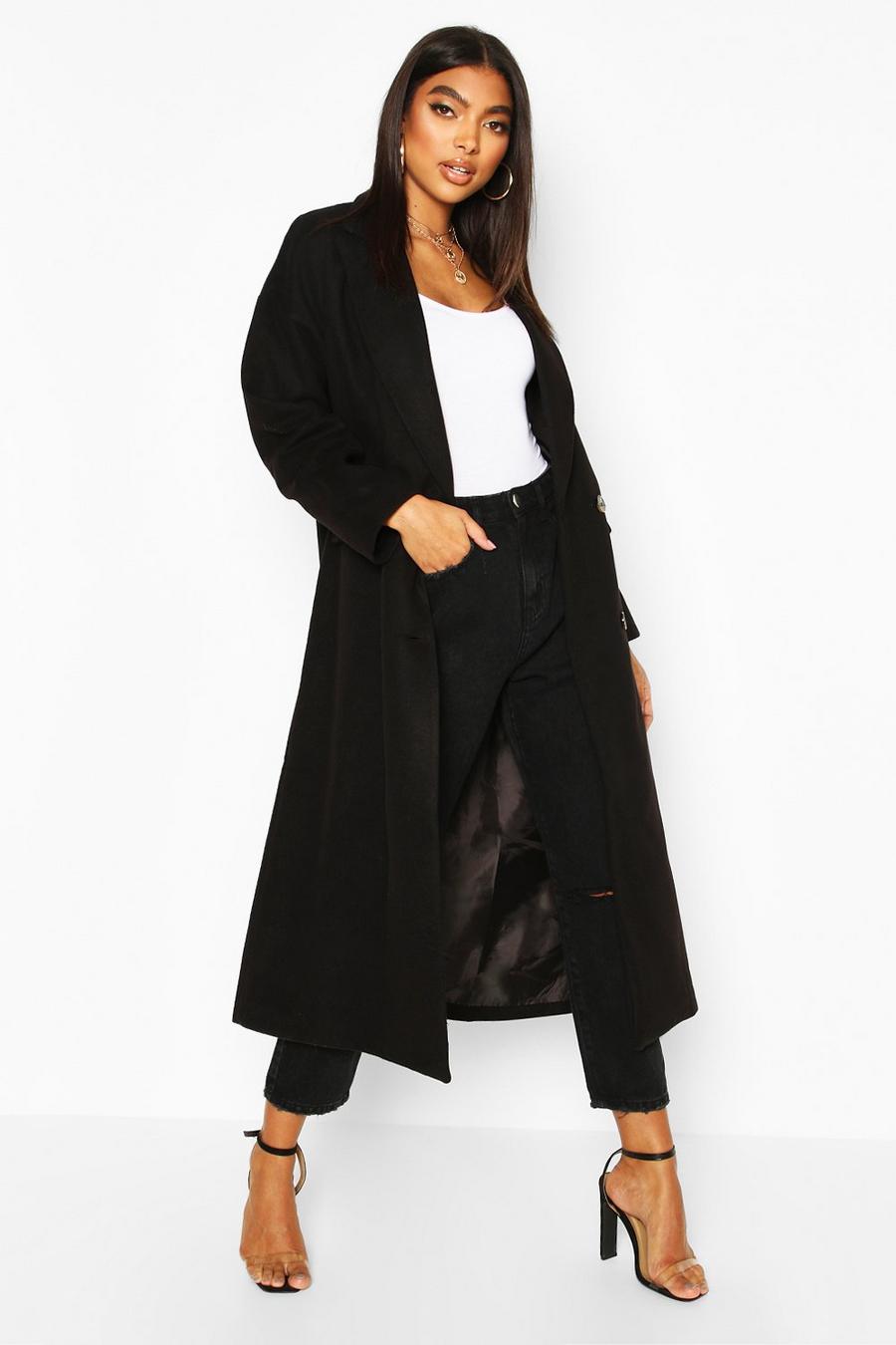 Zwart Longline wollen jas met dubbele knoopsluiting voor lange maten image number 1