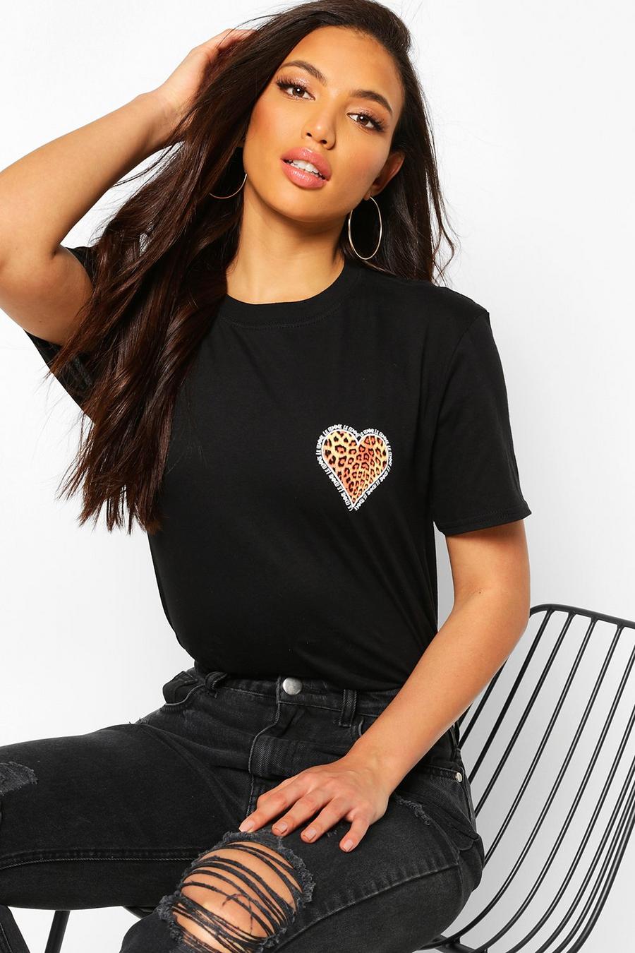 Zwart Lang T-shirt met print van luipaard op het hartzakje image number 1