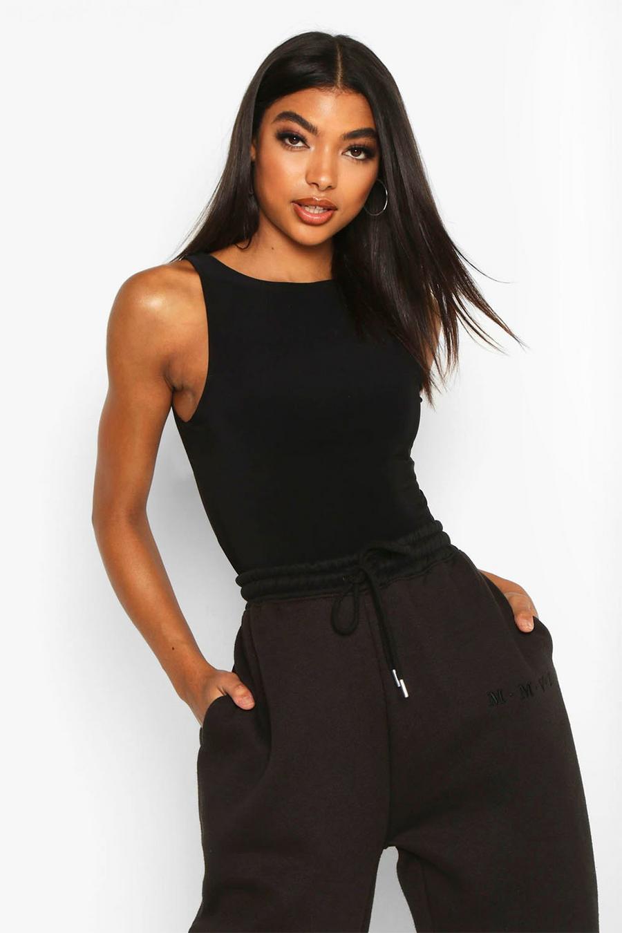 Racer Neck Double Layer Sleeveless Bodysuit in Black  One Nation Clothing  Racer Neck Double Layer Sleeveless Bodysuit in Black
