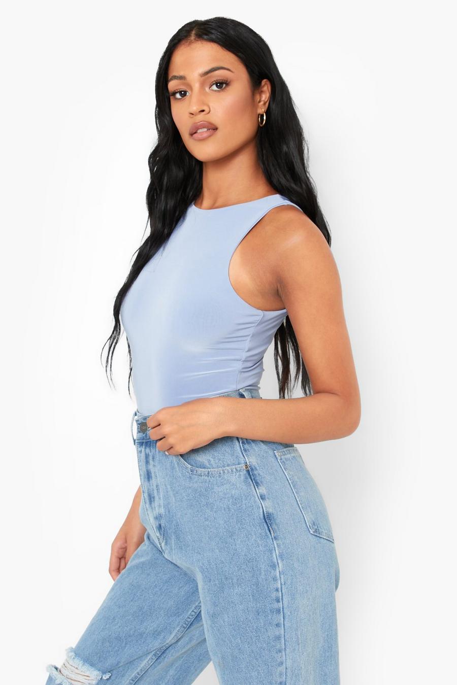 Pastel blue Tall Double Layer Slinky Racer Neck Bodysuit image number 1