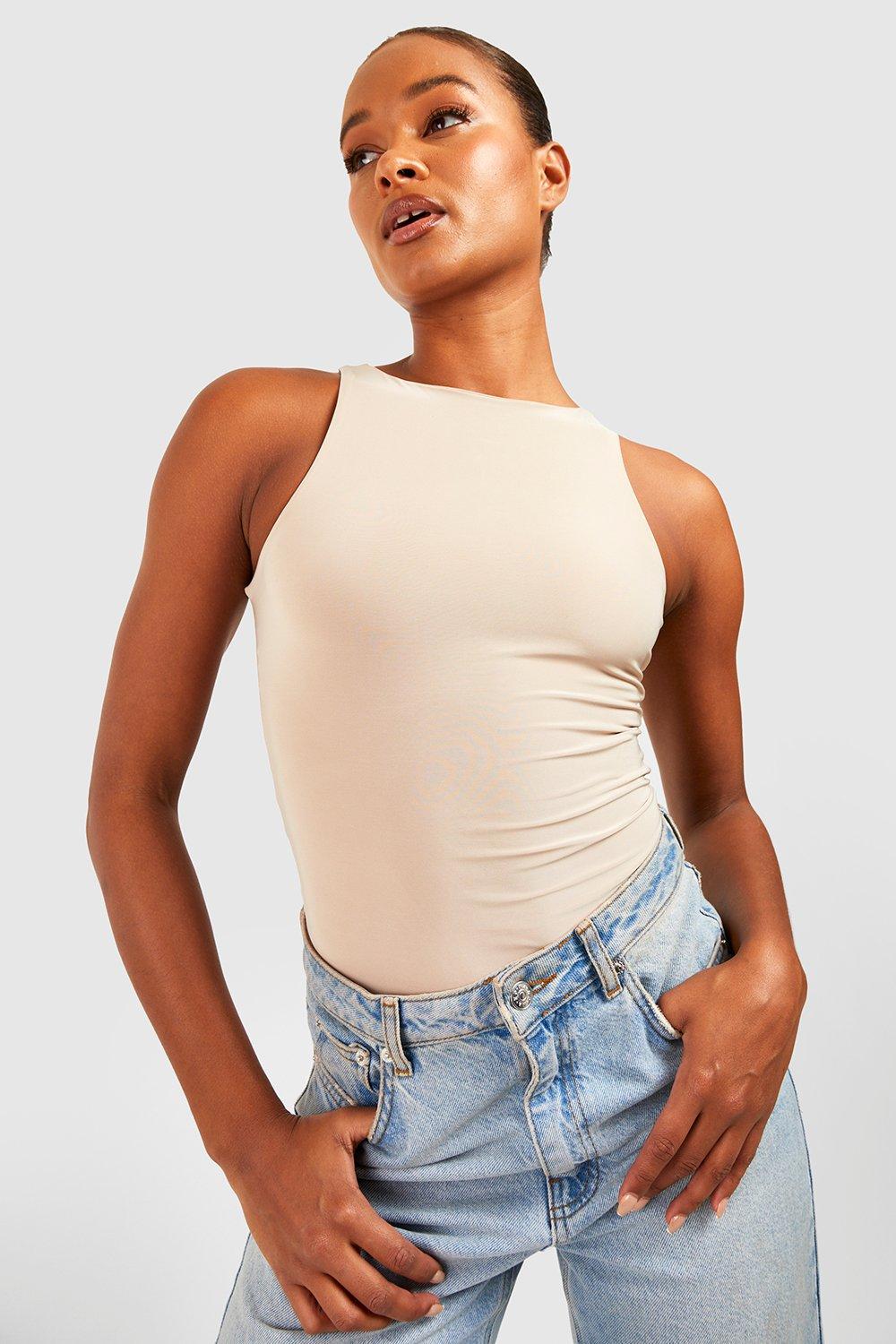 Buy Boohoo Double Layer Slinky Racer Neck Bodysuit Top In White