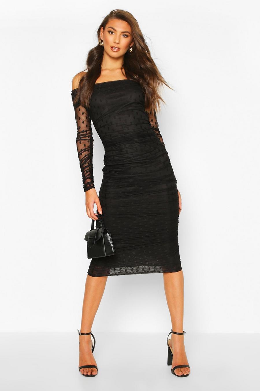 Black Tall Dobby Mesh Ruched Off The Shoulder Midi Dress image number 1