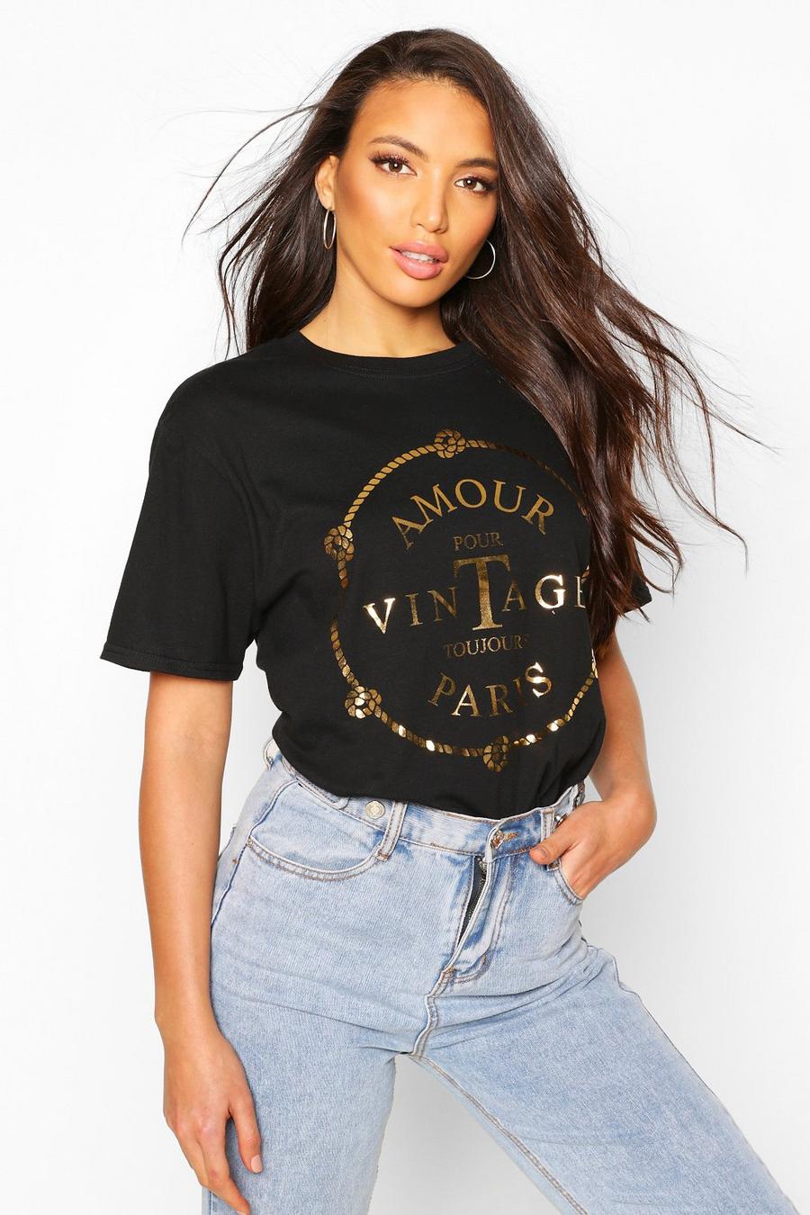 Tall Gold Foil 'Amour' French Graphic T-Shirt image number 1