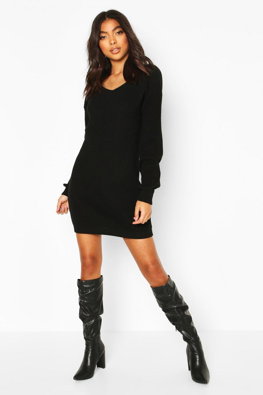 Black Tall V-Neck Sweater Dress image number 1