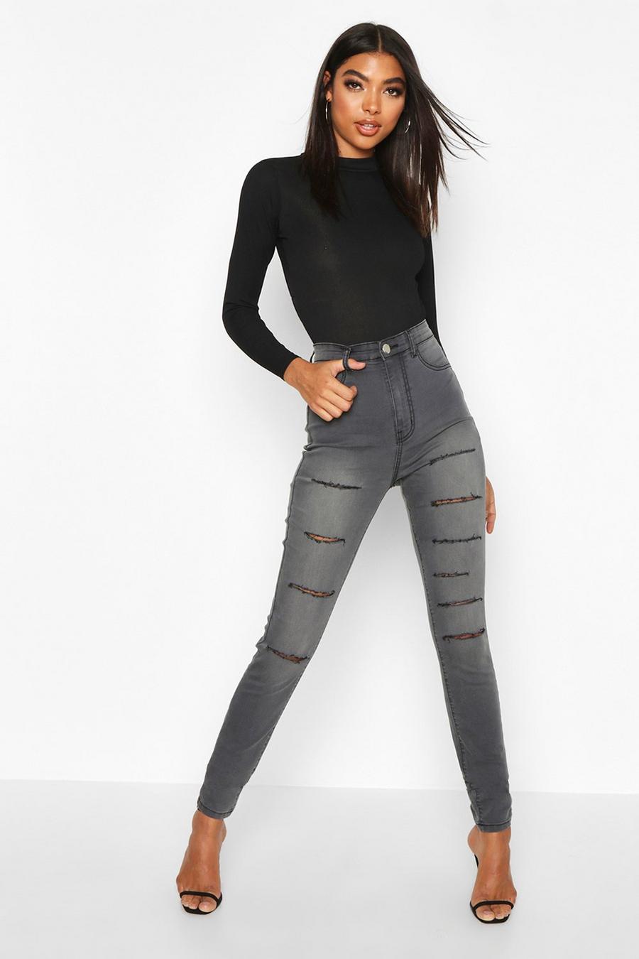 אפור טייץ ג'ינס עם קרעים רוחביים לנשים גבוהות image number 1