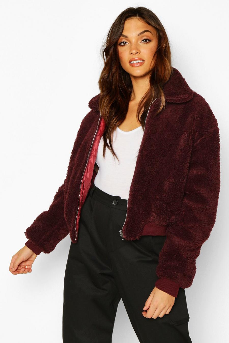 Berry Tall Crop Faux Fur Teddy Bomber image number 1