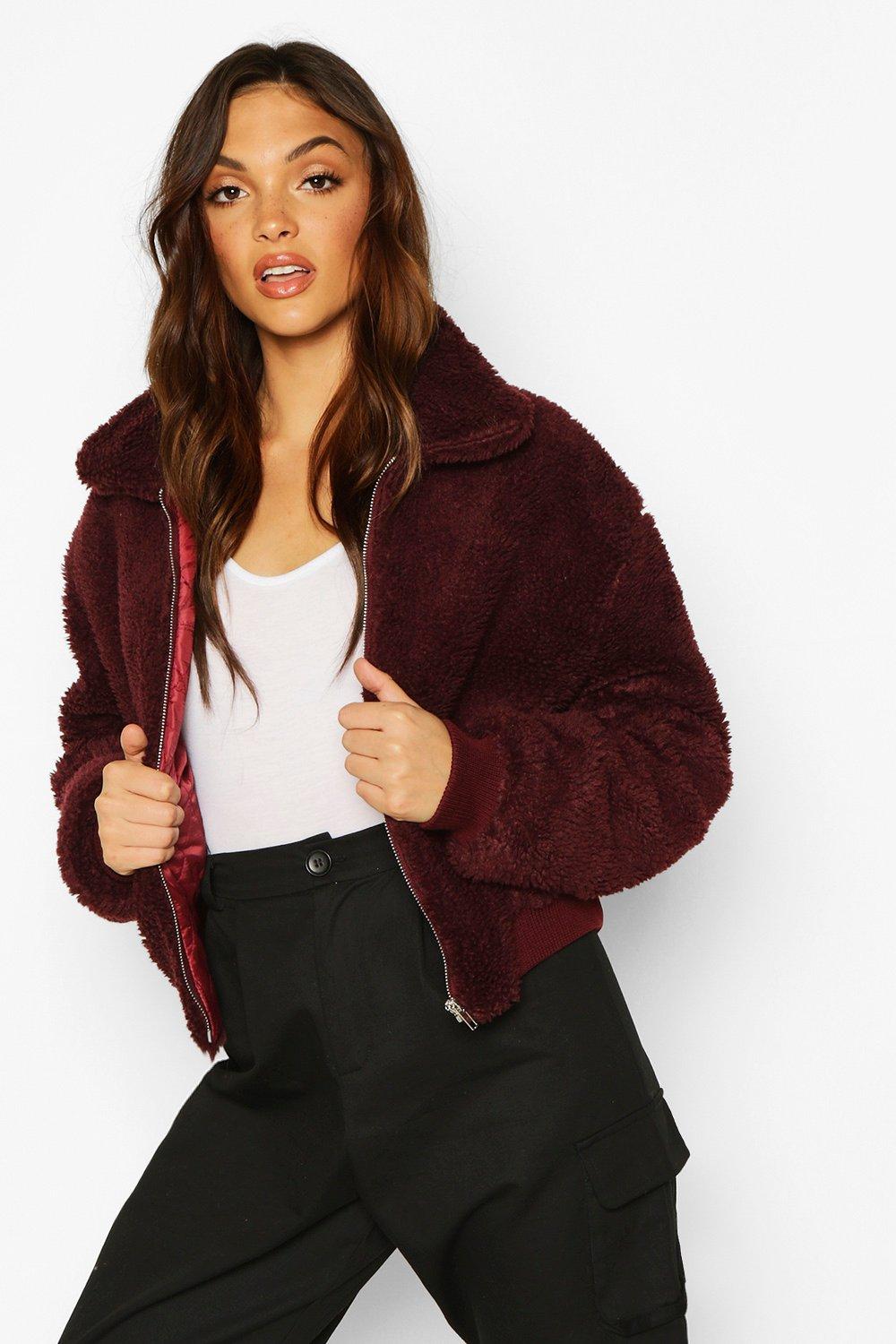 Burgundy faux teddy fur bomber jacket sale