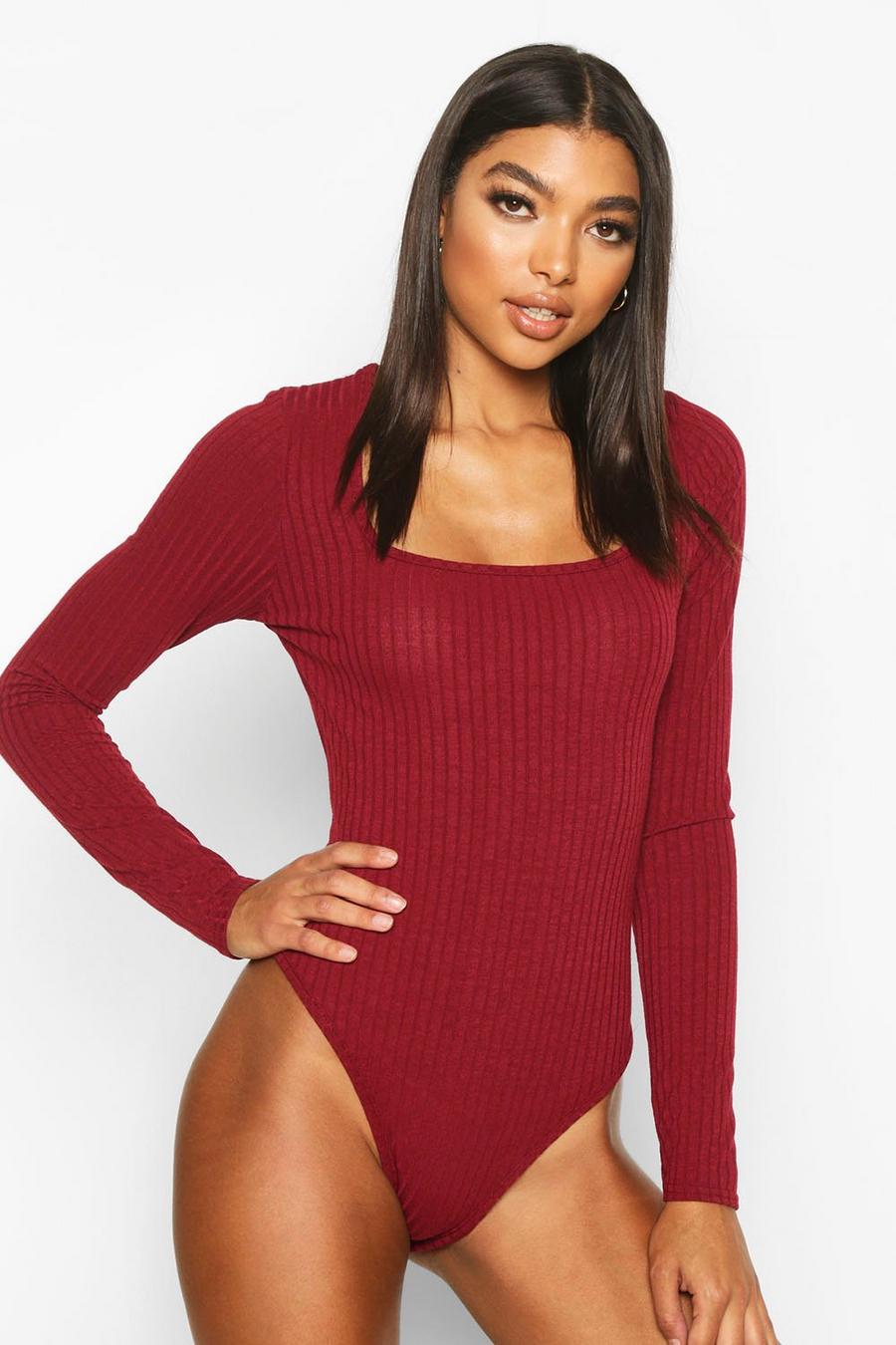 Berry Tall Square Neck Rib Knit Bodysuit image number 1