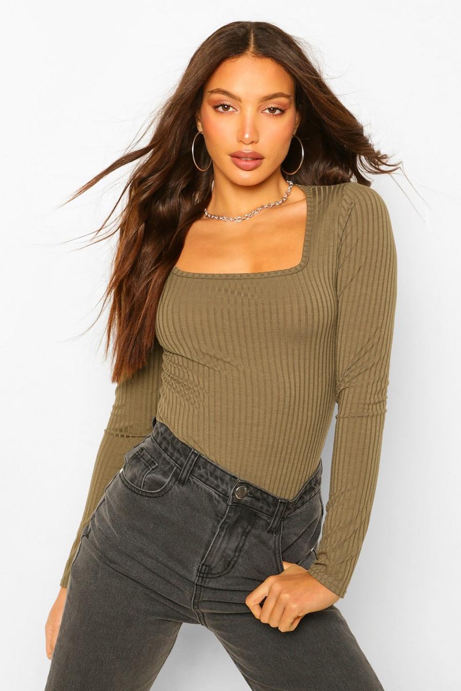 Green Tall Square Neck Rib Knit Bodysuit image number 1