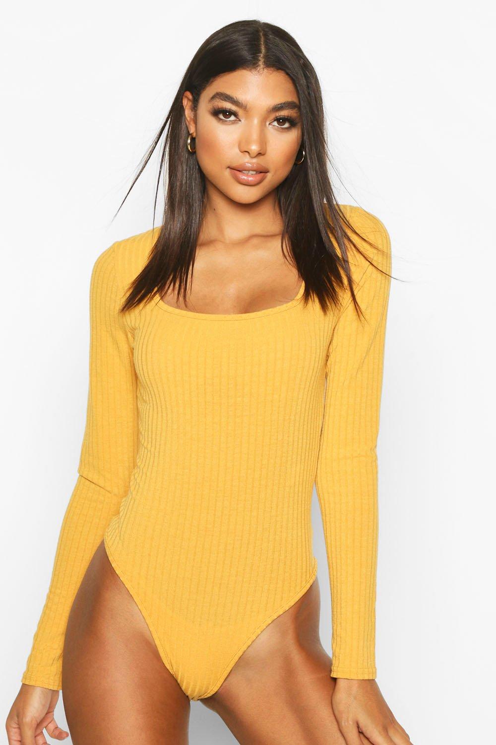 Long-Sleeve Square-Neck Rib-Knit Bodysuit for Women