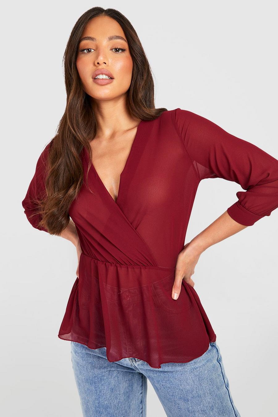 Berry rosso Tall Wrap Peplum Blouse image number 1