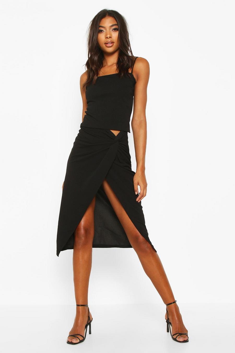 Black Tall Knot Front Woven Midi Skirt image number 1