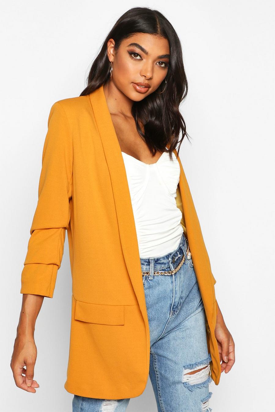 Mustard Tall Ruched Sleeve Blazer image number 1