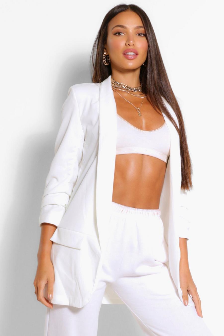 White Tall Ruched Sleeve Blazer image number 1