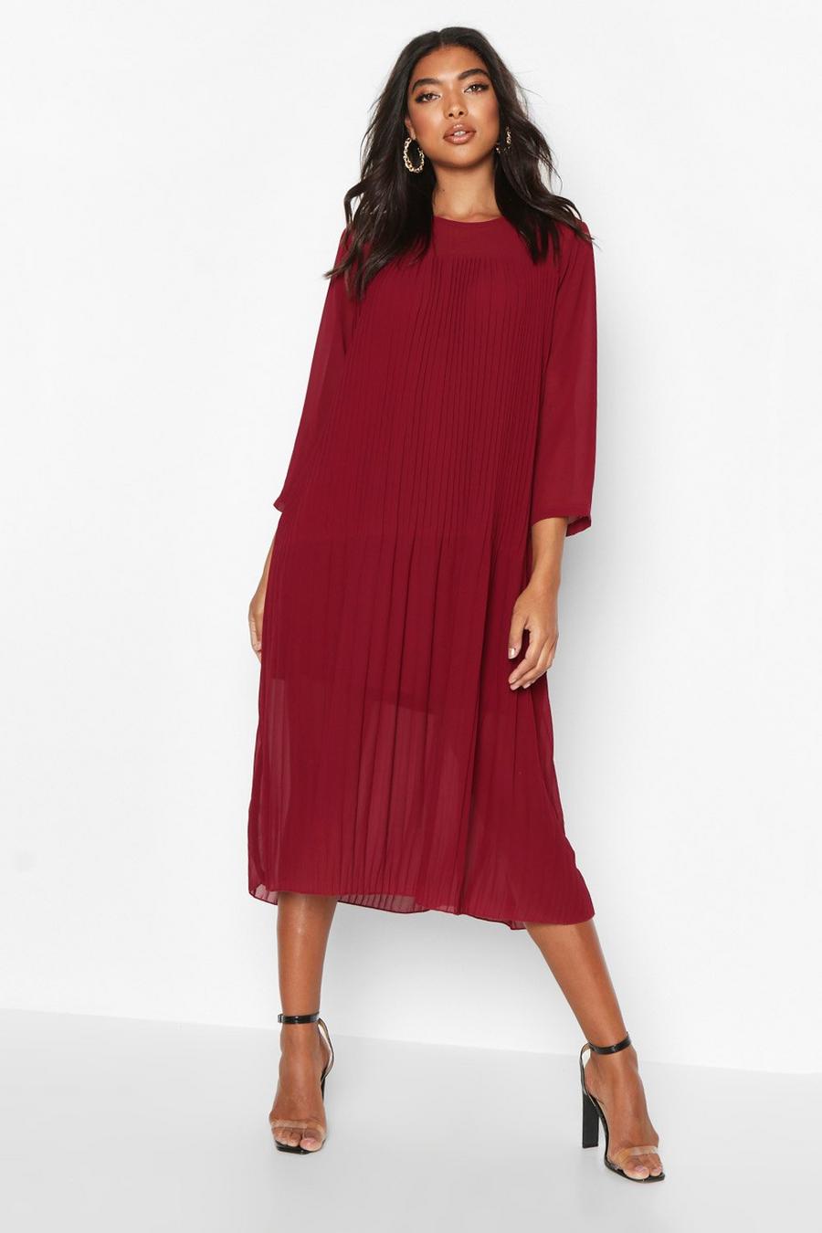 Berry rouge Tall Pleated Woven Midi Dress image number 1