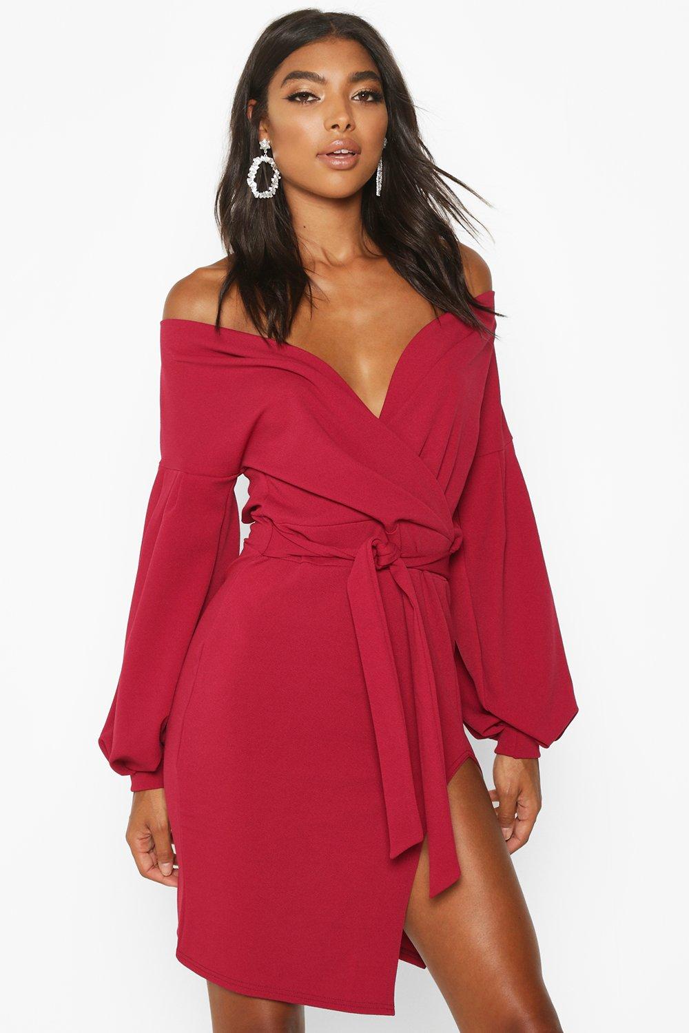 off the shoulder thigh split dress