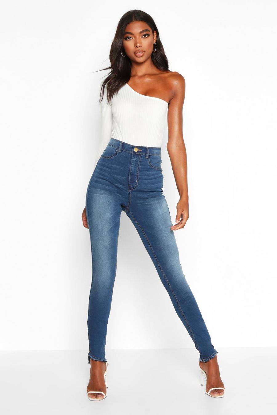 כחול ביניים טייץ ג'ינס עם מכפלת קרעים לנשים גבוהות image number 1