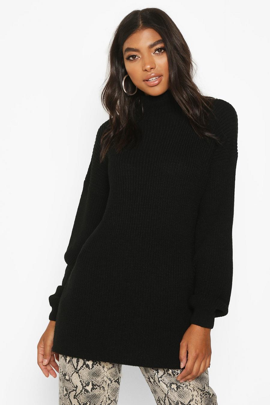 Black Tall Funnel Neck Knitted Sweater image number 1
