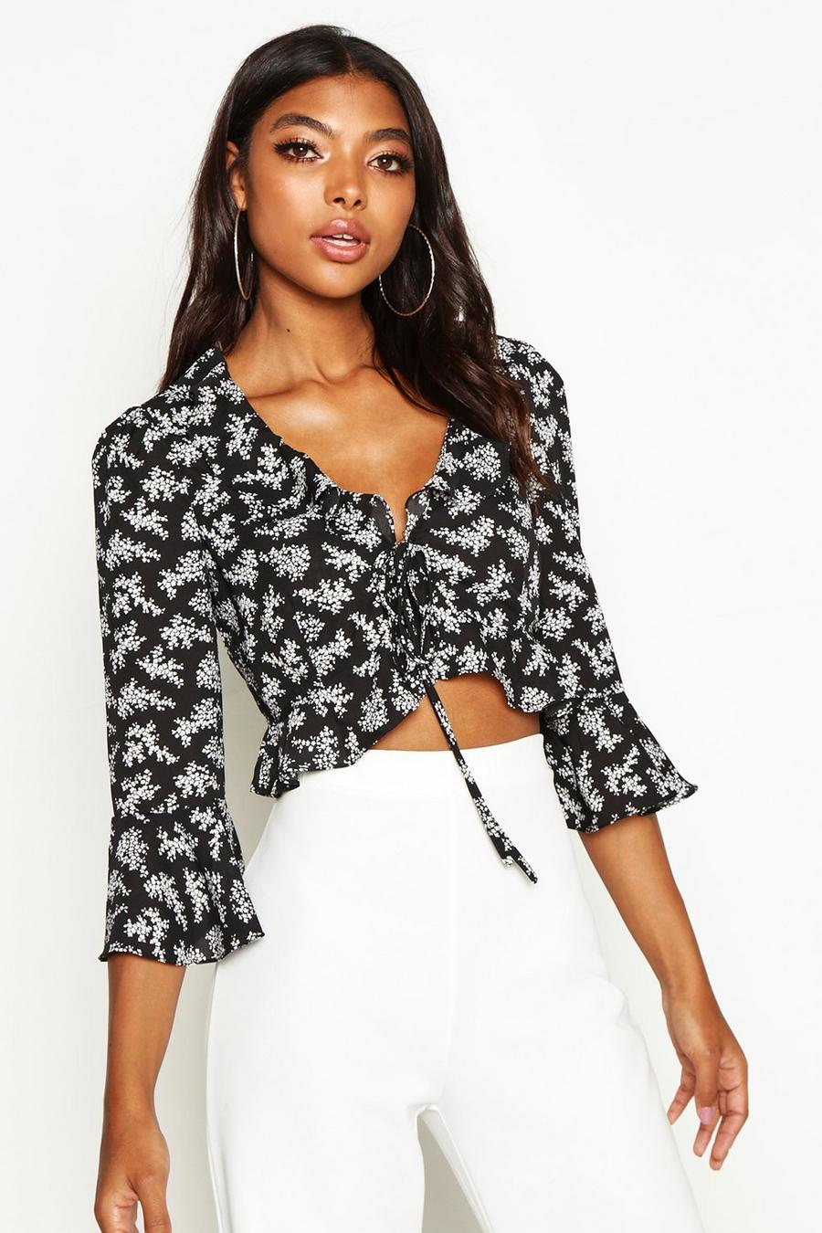 Tall Floral Print Ruffle Lace Up Blouse image number 1
