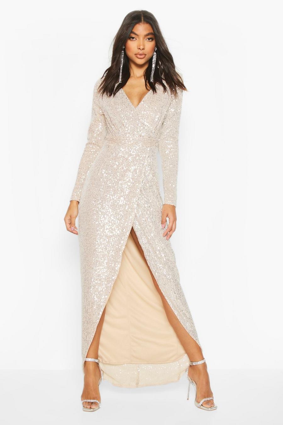 Silver Tall Sequin Plunge Wrap Maxi Dress image number 1