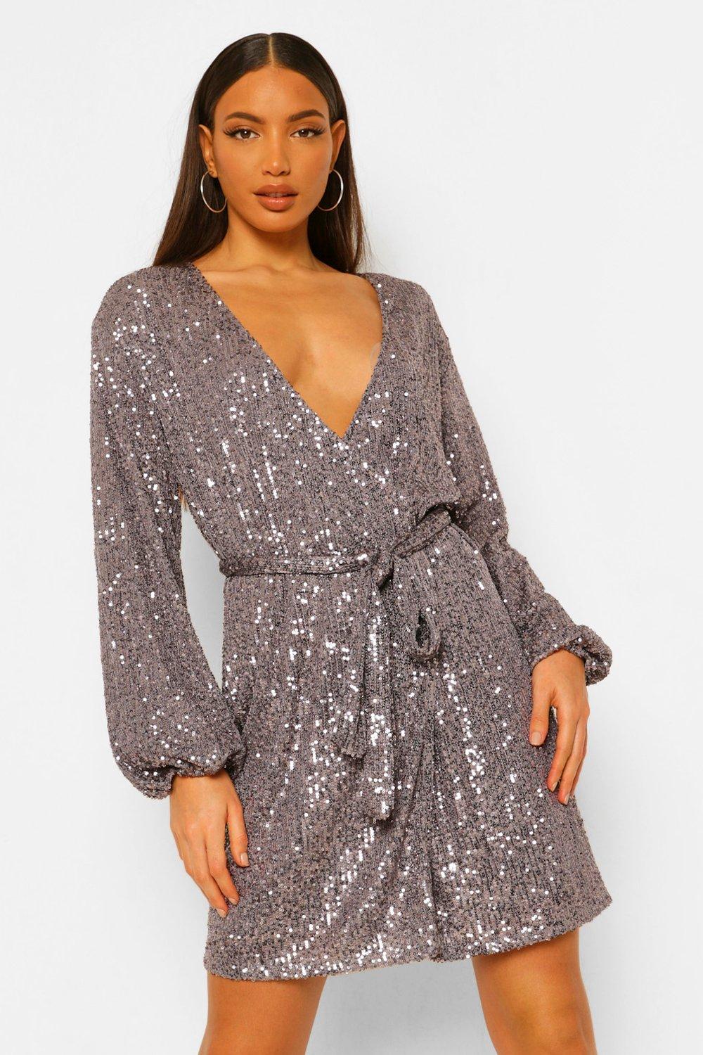 grey sequin wrap dress