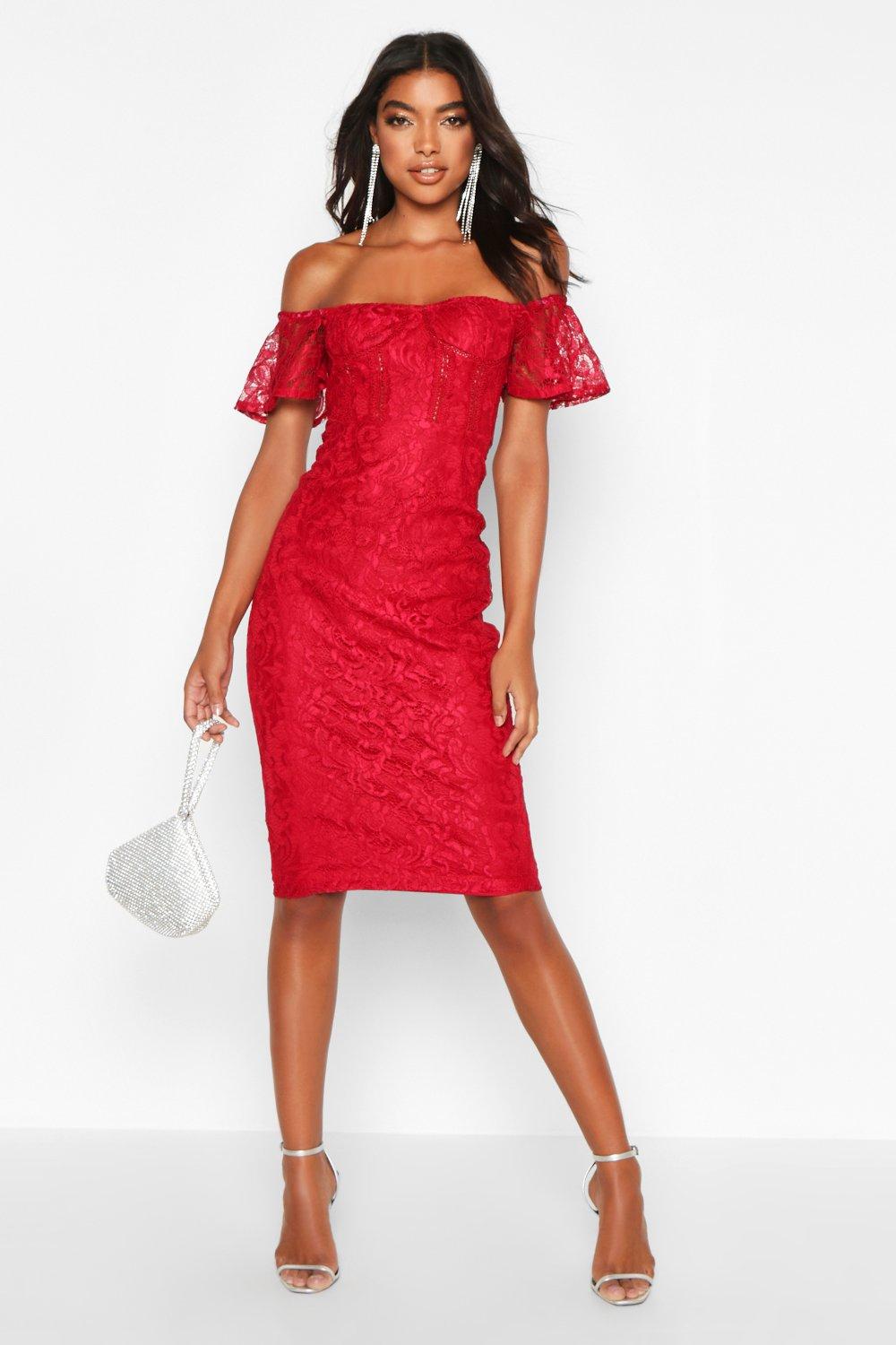 Tall Off The Shoulder Lace Midi Dress boohoo UK