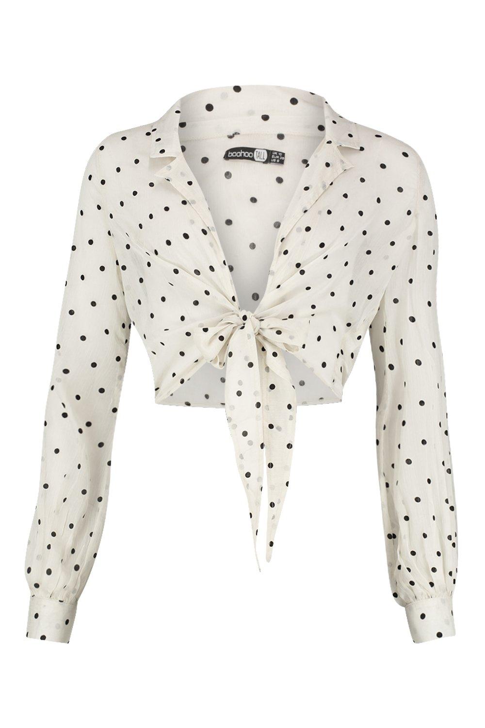 Dotted Tie Front Plunge White Sheer Mesh Lace Peplum Top Blouse – sunifty