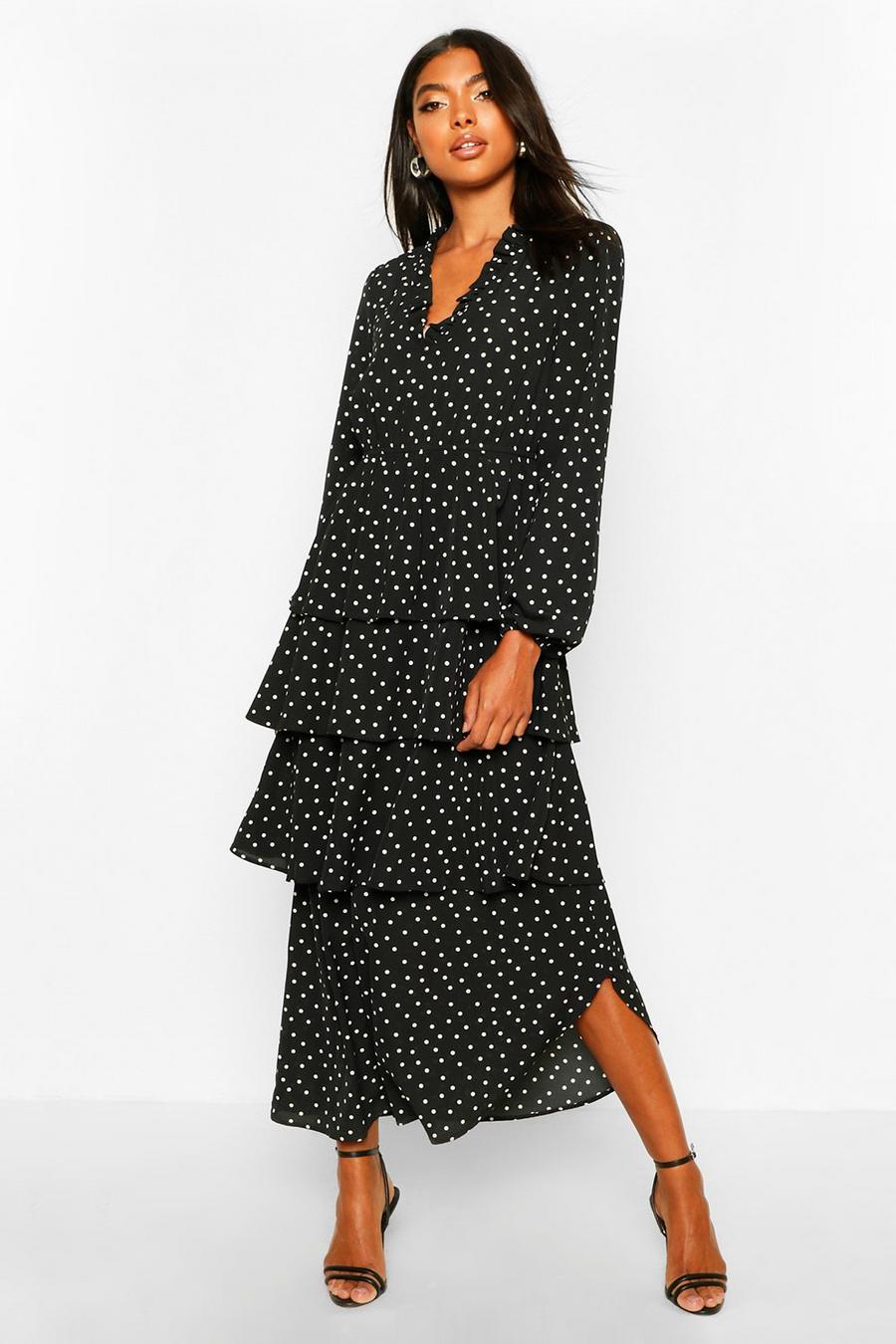 Black Tall Polka Dot Ruffle Skirt Midi Dress image number 1