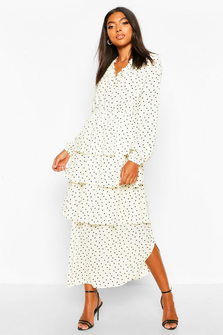 White Tall Polka Dot Ruffle Skirt Midi Dress image number 1