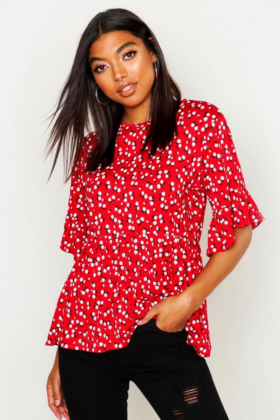 Tall Ditsy Floral Smock Top, Red image number 1