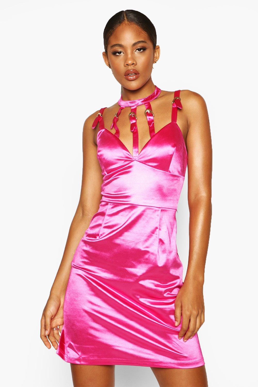boohoo pink satin dress