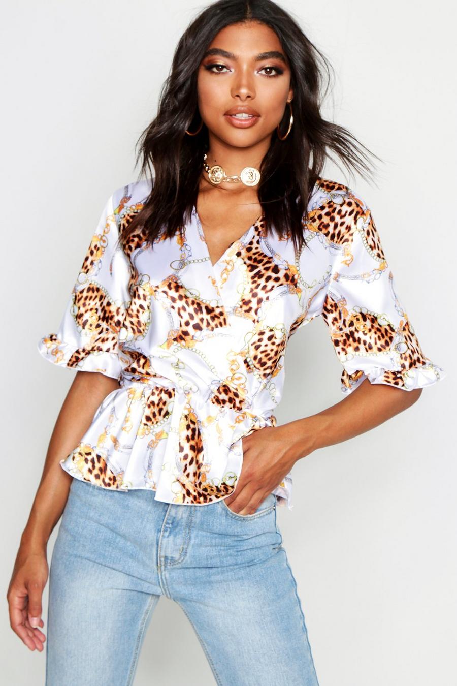 Tall Animal and Chain Print Satin Wrap Top image number 1