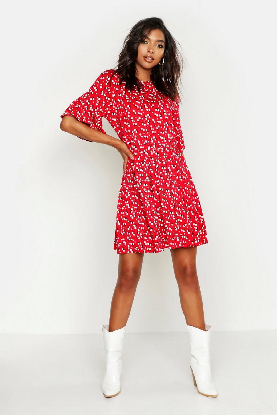 Red Tall Ditsy Floral Smock Dress image number 1