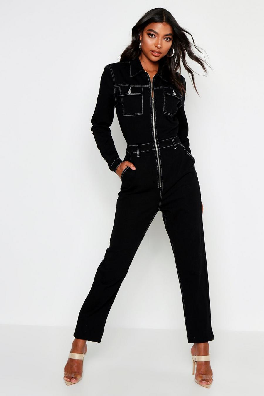 Black Tall Contrast Stitch Denim Boiler Suit image number 1